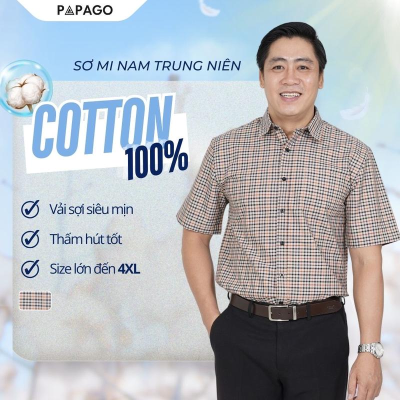 HOT Áo Sơ Mi Nam Trung Niên PAPAGO Sọc Caro Tay Ngắn Lai Ngang Vải Cotton Mát Mẻ - P25SNCR012
