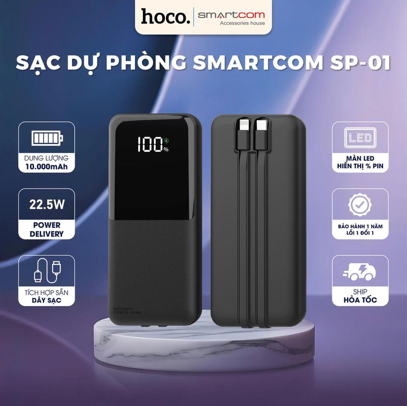 Sạc Pin Dự Phòng Smartcom 10000mAh SP-01 Chính Hãng - Pin Sạc Nhanh Kèm 2 Đầu Dây Sạc Đa Năng Tiện Lợi, Công Nghệ Chống Cháy Nổ An Toàn, Hỗ Trợ QC 3.0 & PD, Thiết Kế Nhỏ Gọn, Bảo Hành Lỗi 1 Đổi 1 Toàn Quốc, Tương Thích Mọi Dòng Máy