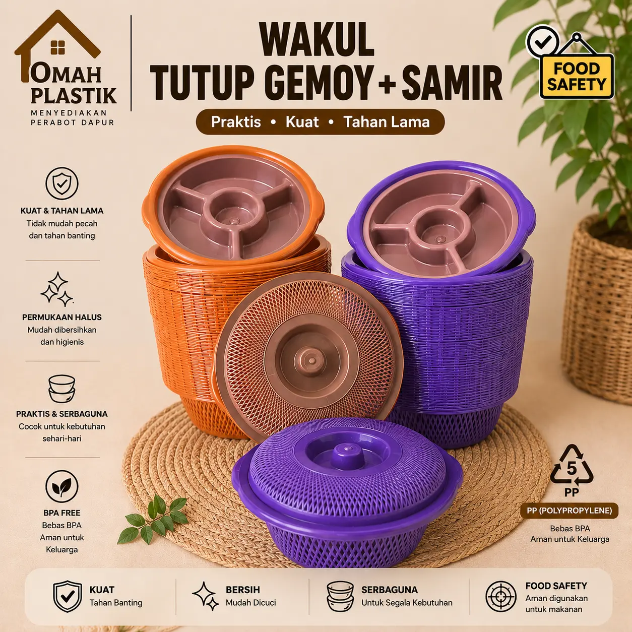 (PAKET LUSINAN) WAKUL TUTUP GEMOY+SAMIR - BESEK NASI HAJATAN SEKAT LAUK - WAKUL TUTU NASI BERKATAN PLASTIK TEBAL + SAMIR