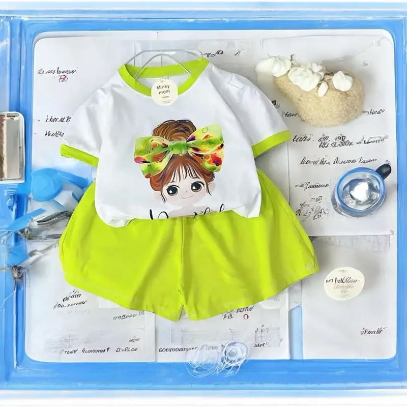 xinh gai Bộ cộc tay in hình BÚP BÊ Cô gái dễ thương cho bé gái .đồ mùa hè cho bé .vải cotton set chobe 2