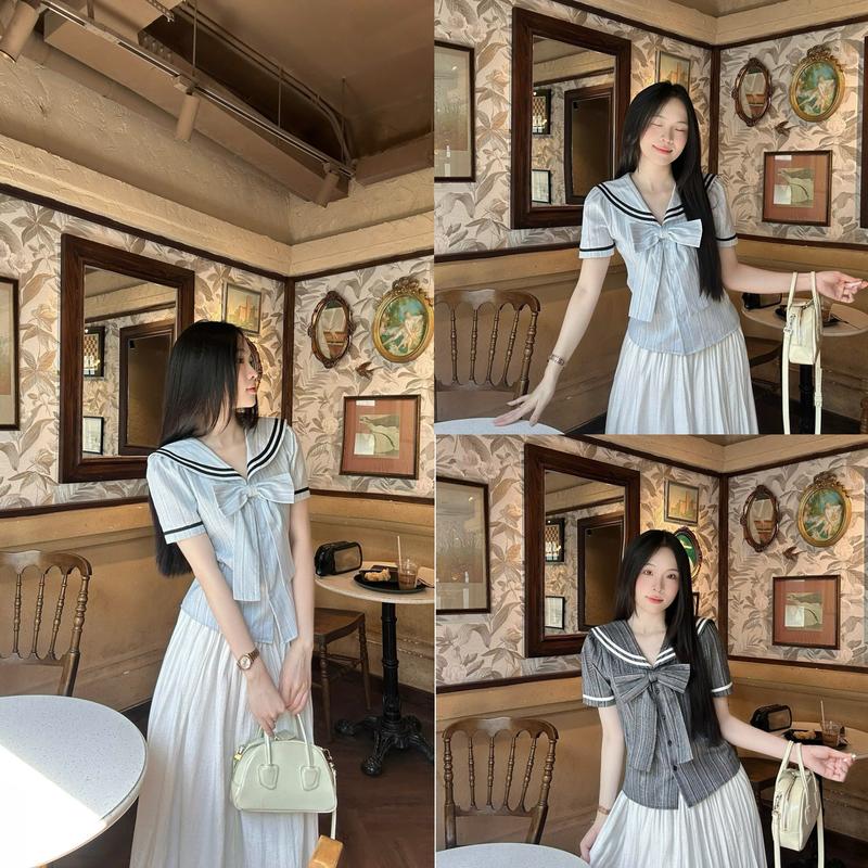 Áo sơ mi cổ thủy thủ phối nơ xinh xắn  tay ngắn trẻ trung LAMO - B1469