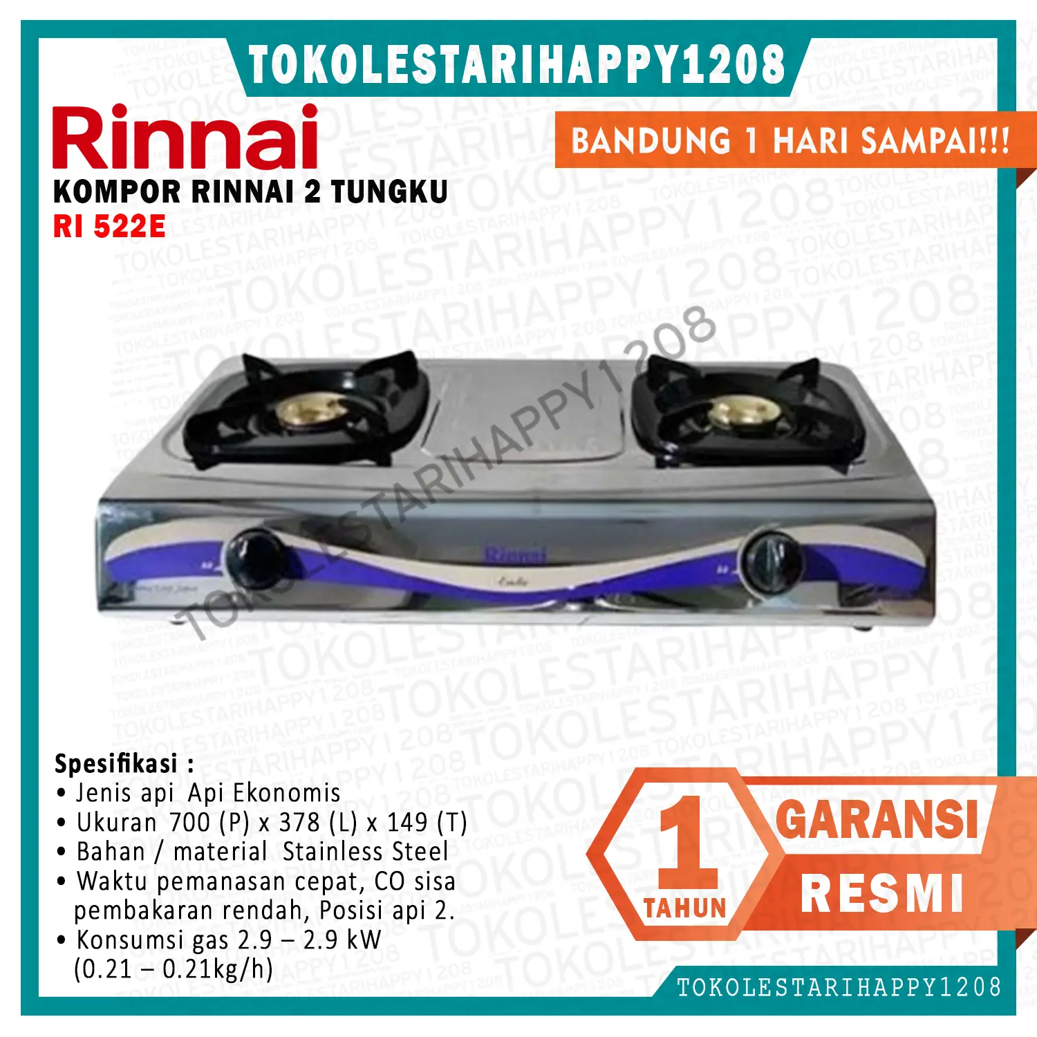 Rinnai Kompor Gas 2 Tungku RI 522E Garansi Resmi
