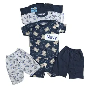 NEW 3 setel Setelan Baju Anak Model Sablon PRINTING (Lebih Halus Lembut) Lengan Pendek Usia 3-24 Bulan Semua Gender ( Unisex) Merk DENZIE ORI Varian Sage,Coksu,Navy,Teracotta