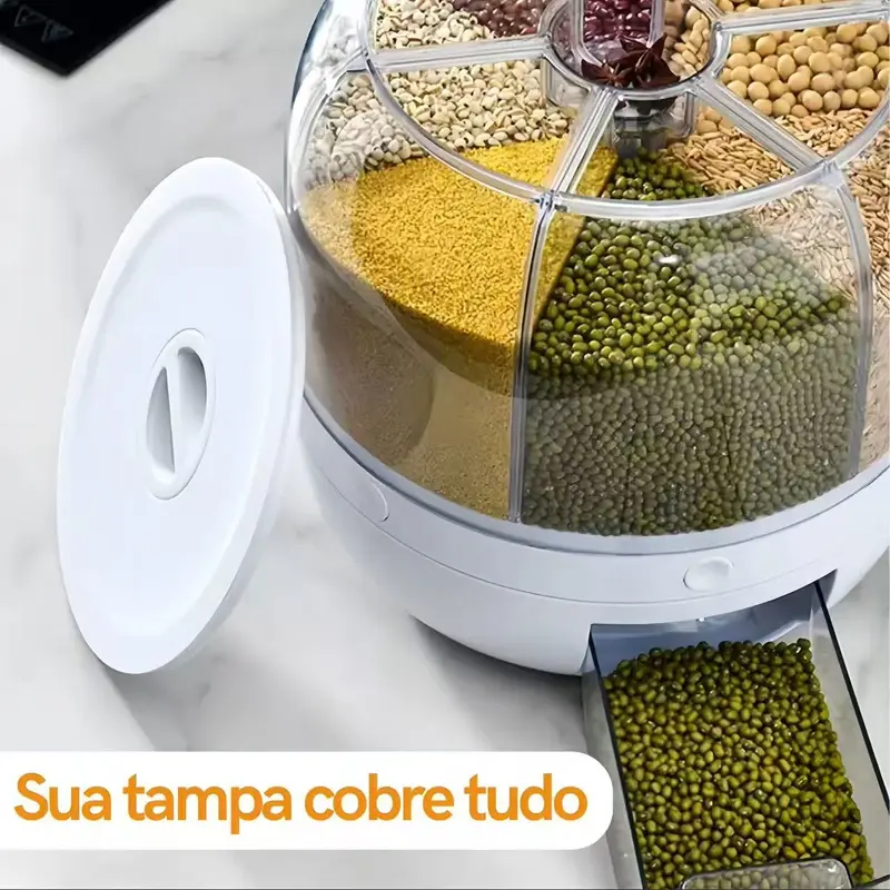 Dispenser Giratório para Grãos 360° 6 Compartimentos 27cm, Porta Arroz, Feijão e Cereais para Cozinha - 8
