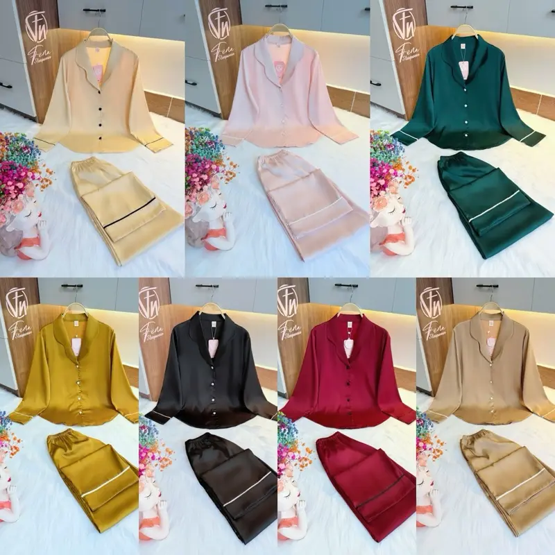 Pijama đồ bộ mới dành cho nữ mặc nhà size 43-63kg chất liệu lụa tơ tằm FenNa kiểu dáng cổ truyền thống tay dài quần dài