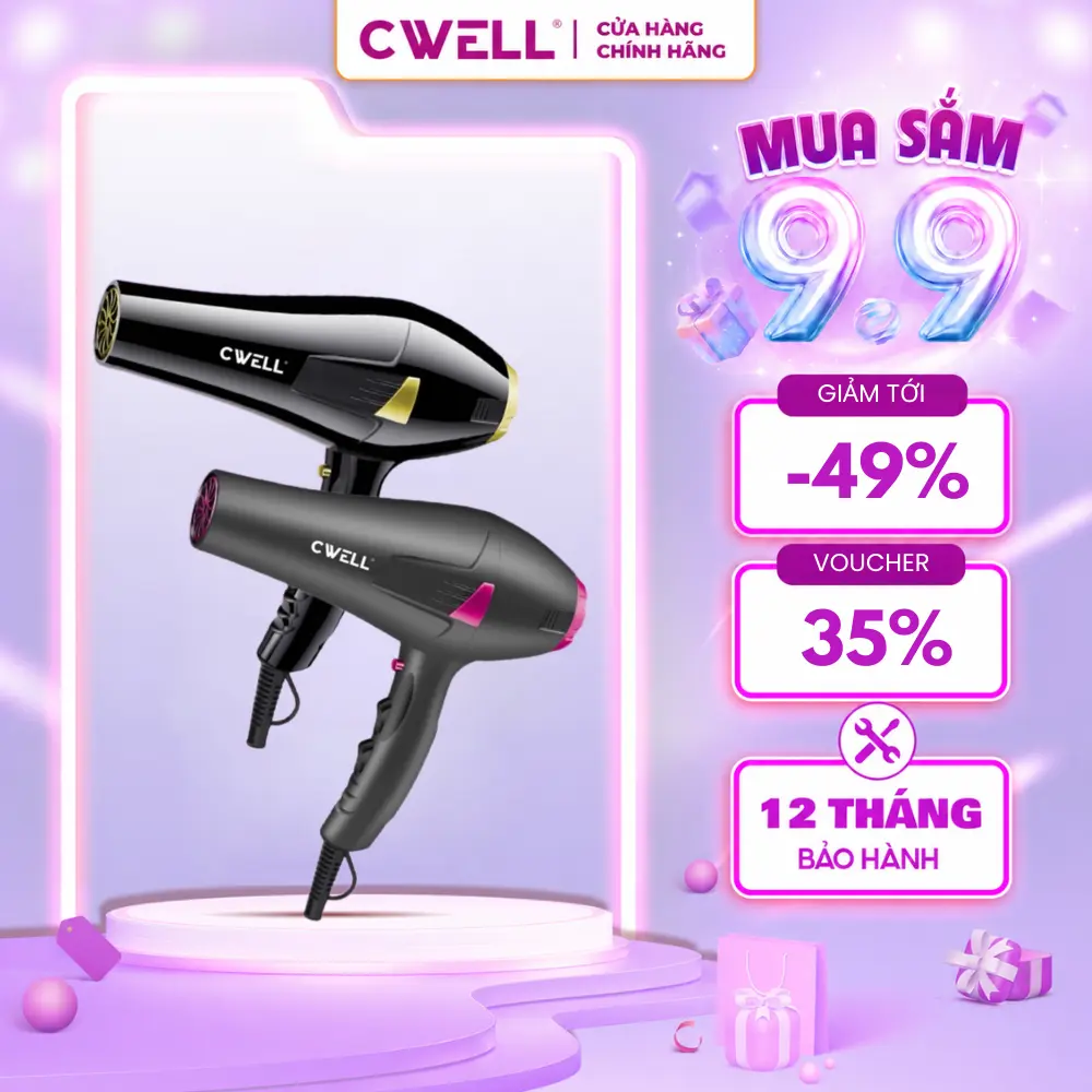 Máy sấy tóc cao cấp CWELL, 6 chế độ sấy kép, động cơ xoay chiều AC, sấy công suất 2500W dây dài 2M2 tích hợp ngắt nhiệt nhanh và ánh sáng xanh, tạo kiểu cho nam nữ - BH 12 THÁNG -C06HD