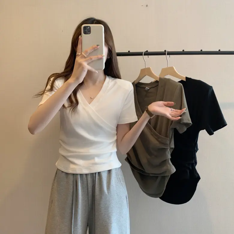 Áo Thun Nữ Trơn Cổ Chữ V, Ngắn Tay, Thích Hợp Cho Mùa Hè, Áo Ngắn