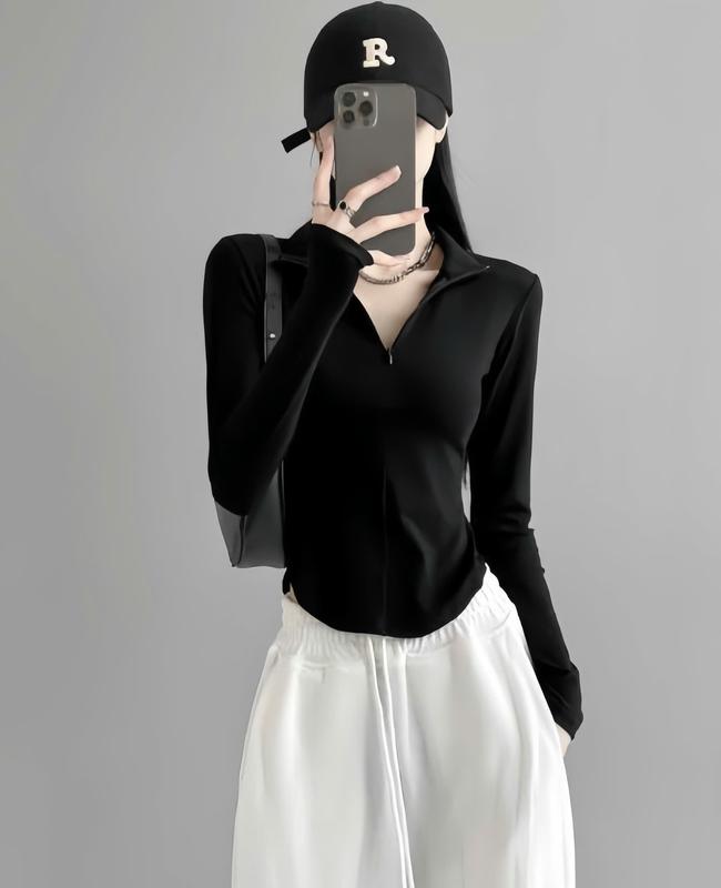 Áo Thun Nữ Cổ Bẻ Dài Tay Phối Khóa Kéo Dáng Ôm Vạt Bầu Chất Thun Tăm Hàn Mịn – BY BOOM STORE VN | BigBuy360 - bigbuy360.vn