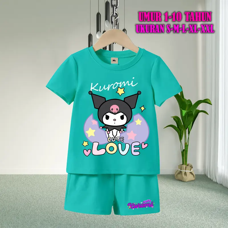 Setelan Baju Anak Tidur Gambar Kuromi Lengan Pendek dengan Sablon Berkualitas - Baju Anak Fashion Celana Pendek piyama  kuromi  anak baju  tidur  anak  perempuan 7
