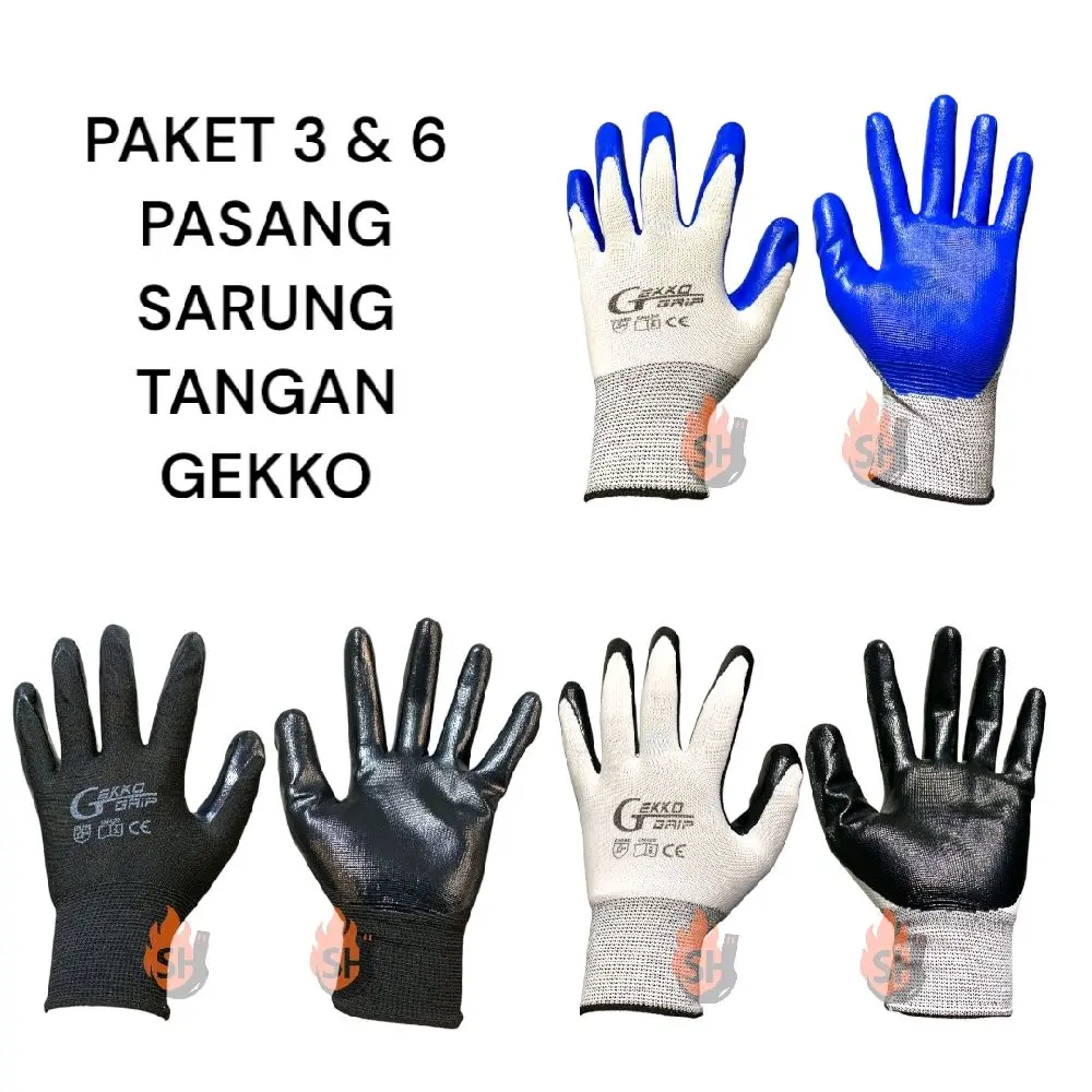 Paket 6 Pasang Sarung Tangan Kerja Industrial Multifungsi Gekko Grip Anti Cutting Palm Fit