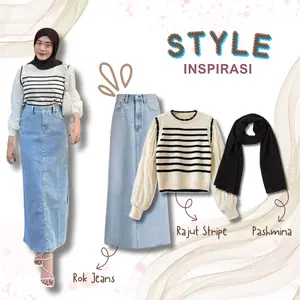 One Set 3 in 1 Rok Jeans + Rajut Stripe + Pashmina Outfit Casual Ootd Jalan Korean Style BC38