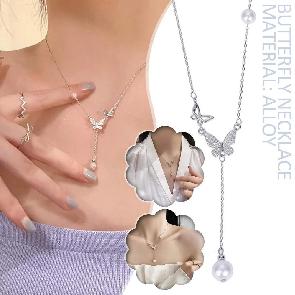 2023 New Women's Pearl Butterfly Women's Summer Light Luxury Necklace Collarbone Chain Simple Temperament Hundred Matching