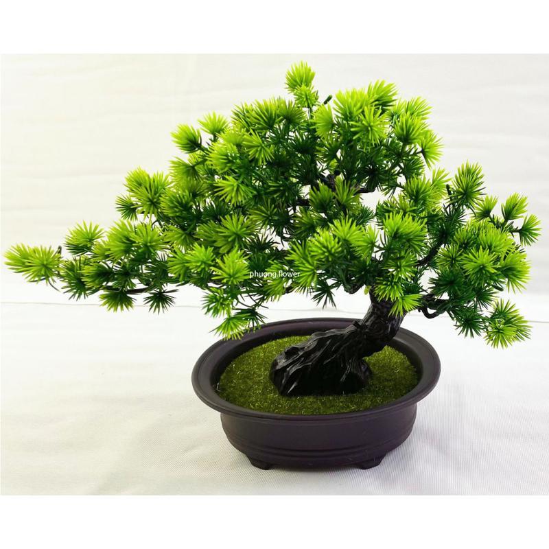 Cây Thông Bonsai giả kèm Chậu cây Tùng bonsai nhựa size 30cm làm tiểu cảnh để…