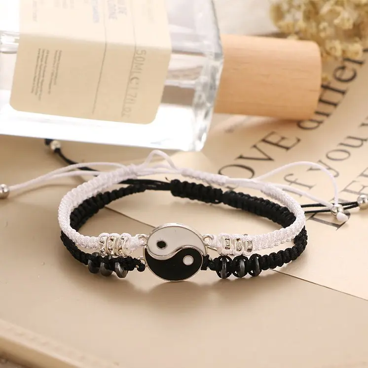 【zhamus】Alloy Tai Chi Braided Bracelet Hand-set gelang couple cauple telon Anniversary Engagement Birthday Gift Dapat dipakai oleh pria dan wanita Gelang Keberuntungan delapan trigram dan diagram tai chi Hitam Magnet  Putih  Bracelets 1