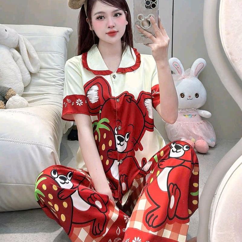 40-60kg i-bộ pijama tay ngắn QUẦN DÀI. CHẤT LỤA MỊN + Xước TƠ TẰM QUẢNG CHÂU Nữ Women Quần Ngủ Áo Ngủ