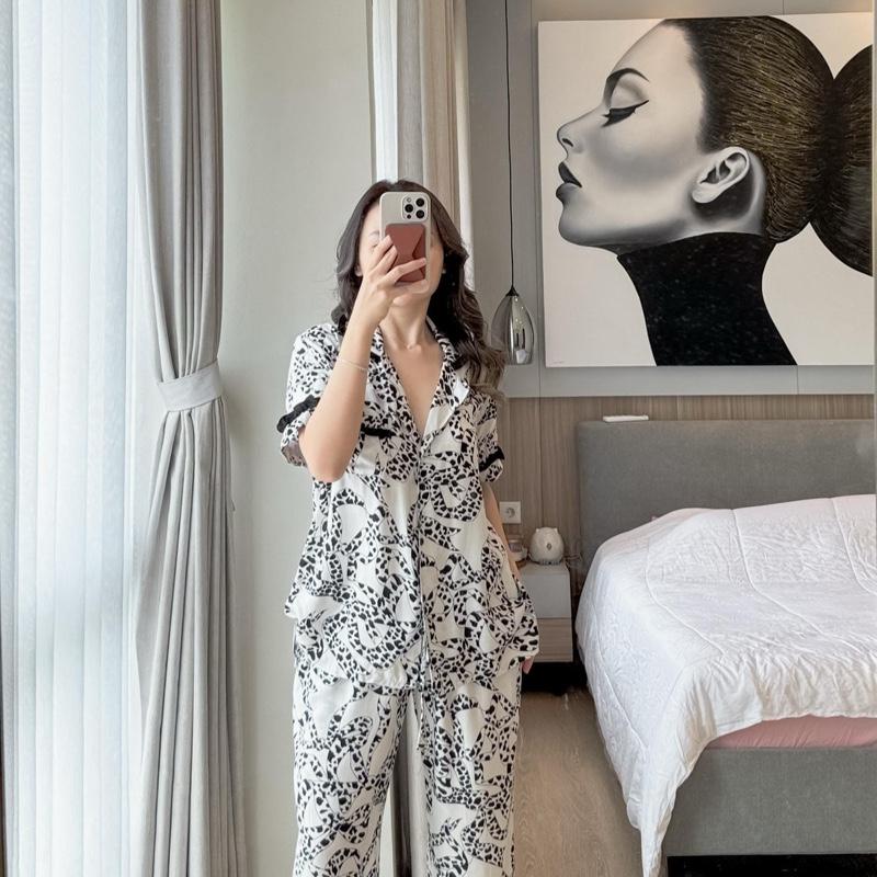Piyama motif pita panjang black white bahan rayon 7