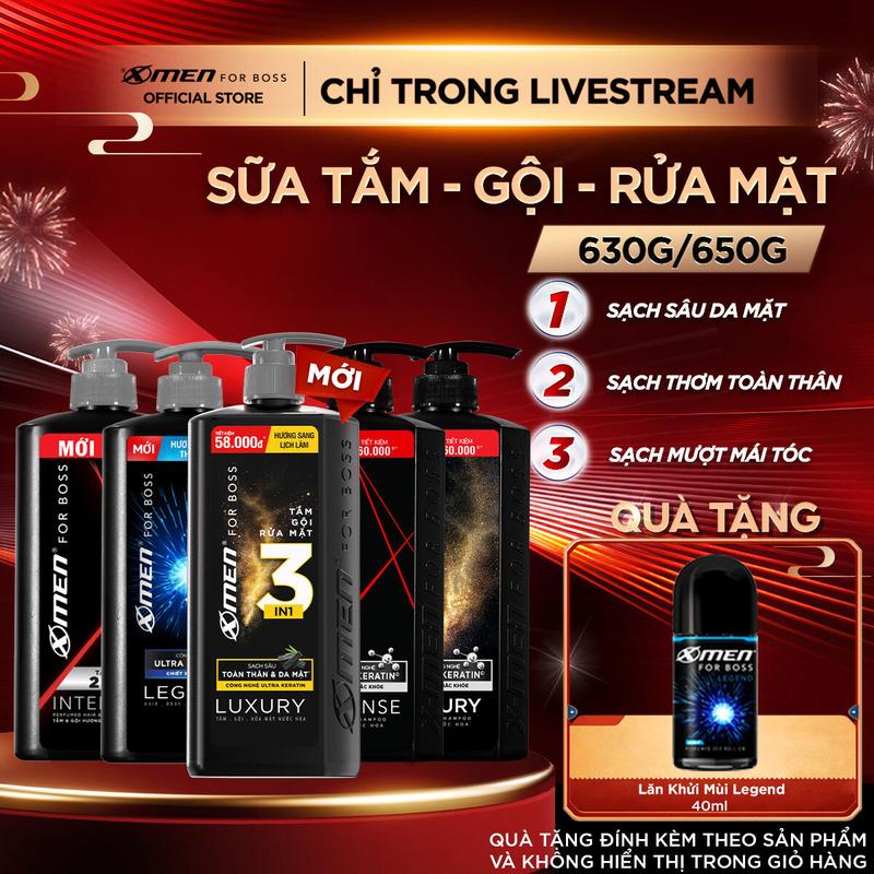   BS   MỚI RA MẮT  Tắm Gội Rửa Mặt X-Men for Boss 3in1 Luxury 630g Tắm Gội Dưỡng 3in1 Legend 630g Tắm Gội 2in1 Intense 650g Hương Nước Hoa Châu Âu + Tặng Lăn Legend 40ml 