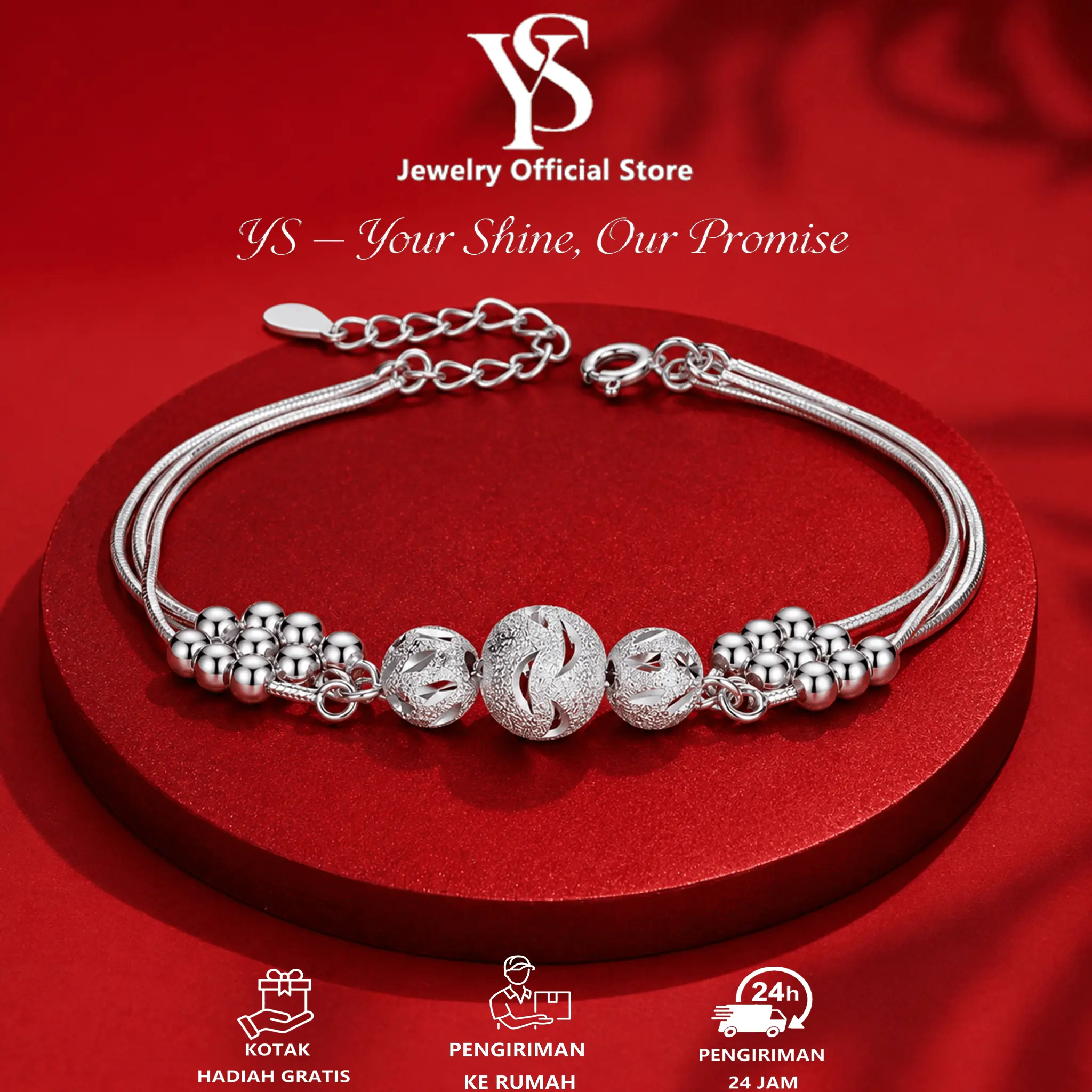 Gelang Wanita Perak S925 - Desain Bola Keberuntungan, Anti Karat Adjustable, Hadiah Anniversary/Pasangan Wanita
