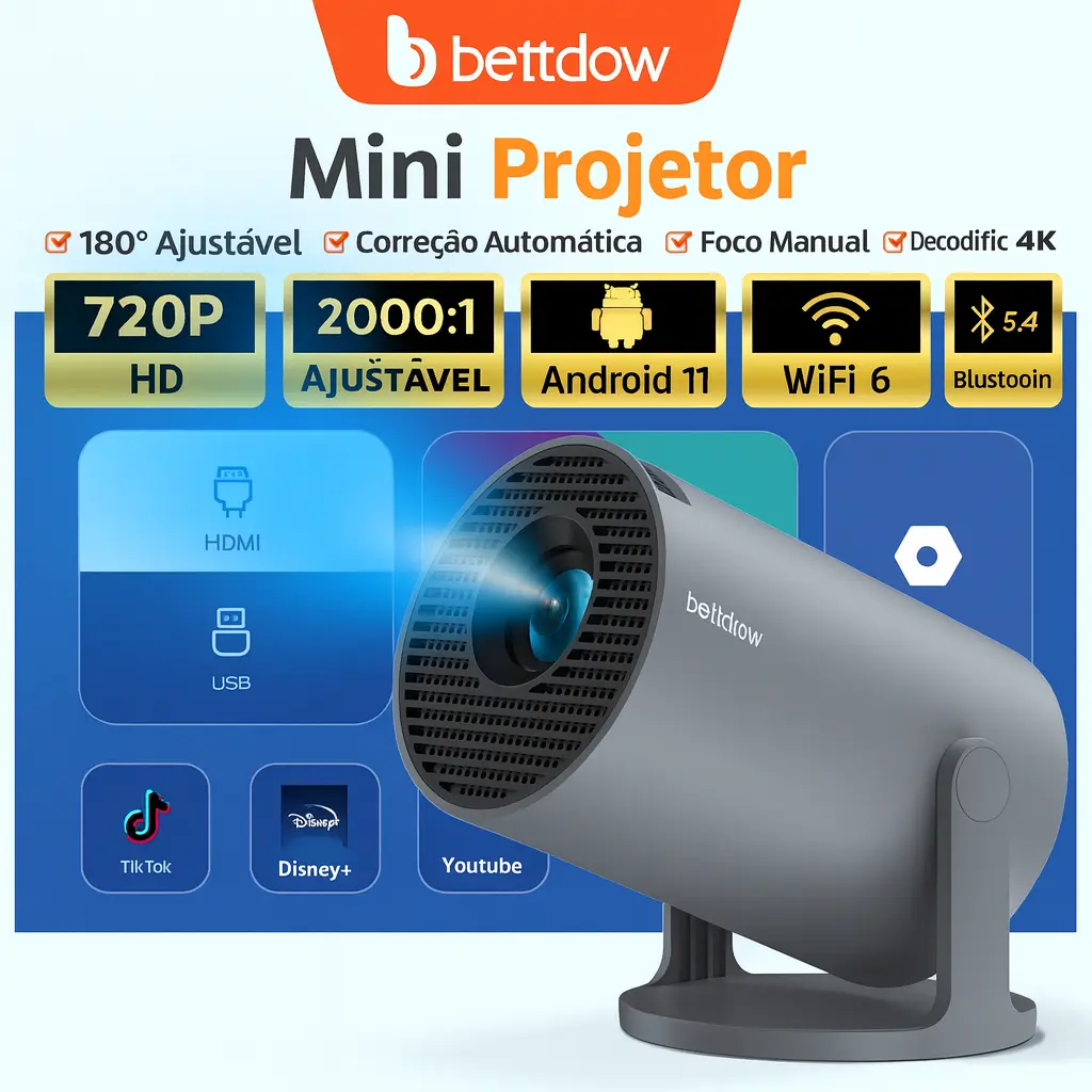BETTDOW Projetor Portátil Inteligente Original com 4K UHD | Android 11, Wi-Fi, Bluetooth e Alto-falantes Integrados