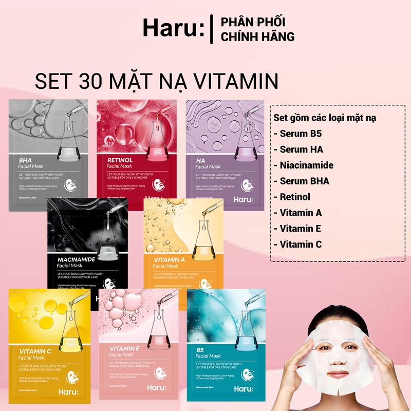 Set 30 mặt nạ Serum Vitamin C, A, E, Niacina. mide, B5, BHA, HA, Re. timol hỗ trợ  cấp ẩm dưỡng da.
