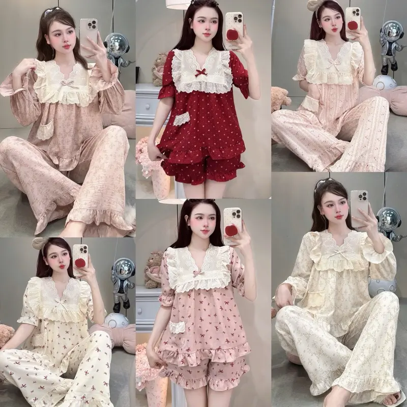 Sammy Bộ Mặc Nhà Cổ V Viền ren bản to chất liệu Đũi Vân mây hoạ tiết xinh xắn dễ thương cho Nữ DD22 Sammy nhiều màu sắc lựa chọn