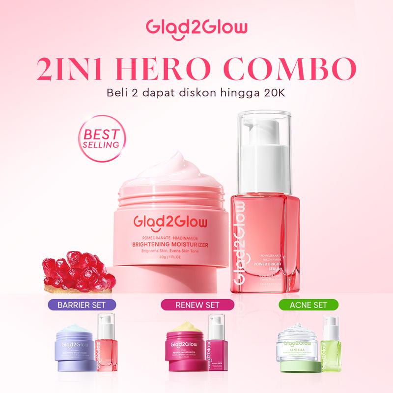【2in1】Glad2Glow 2pcs bundle Skincare Paket - Moisturizer+Serum Glowing Anti-acne Dark spot Barrier Bright Blueberry Ceramide Centella Berjerawat Memudarkan Mencerahkan Pencerah Wajah Arbutin Acid Extract Niacinamide Cooling Pelembab Melembutkan Hitam 0