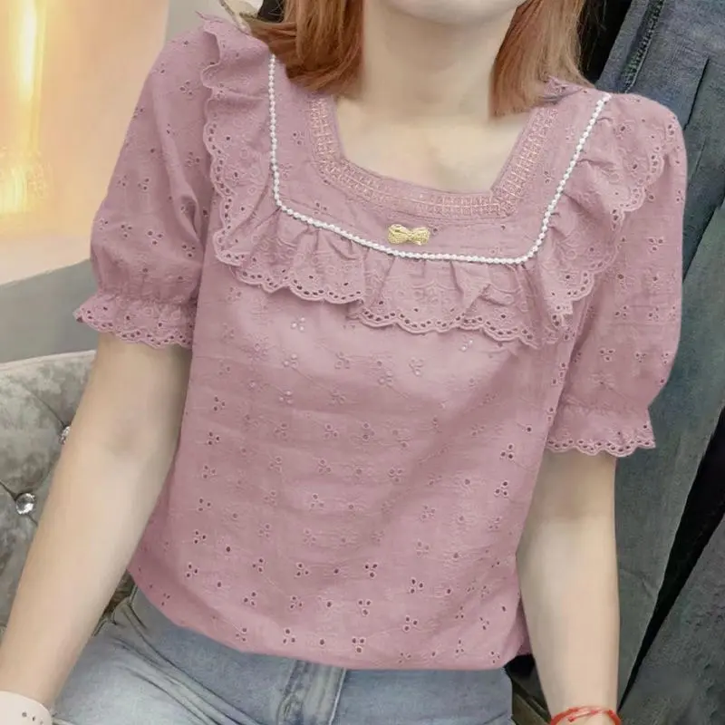 LELAND Kemeja Potongan Renda Wanita/lengan engah Blouse Good Quality Casual Katun Atasan Blus Renda Lengan Pendek Wanita