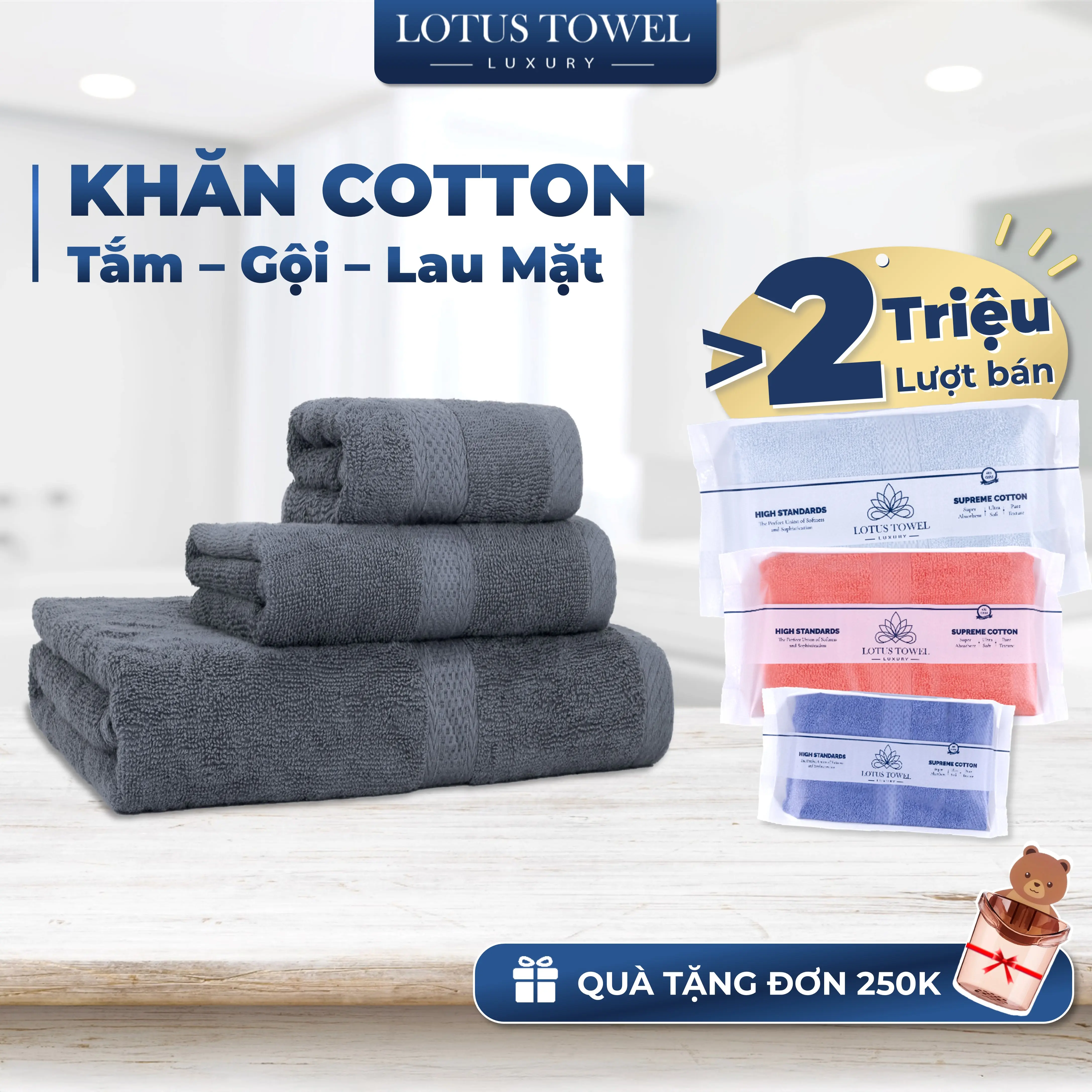 Khăn Tắm, Khăn Mặt, Khăn Gội LOTUS Làm Từ Sợi Cotton, Mềm Mịn Thấm Hút, Không Ra Màu, Dùng Cho Gia Đình Spa Khách Sạn Nhà Tắm