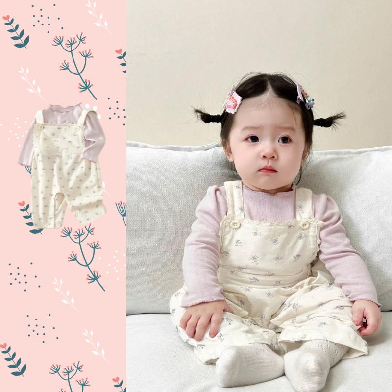 Bộ Áo Jumpsuit Quần Cho Em Bé Phong Cách Mori, Hàn Quốc Ins, Cho Em Bé Gái, In Hoa, Tay Áo Dài, Quần Yếm, Bộ Hai Mảnh