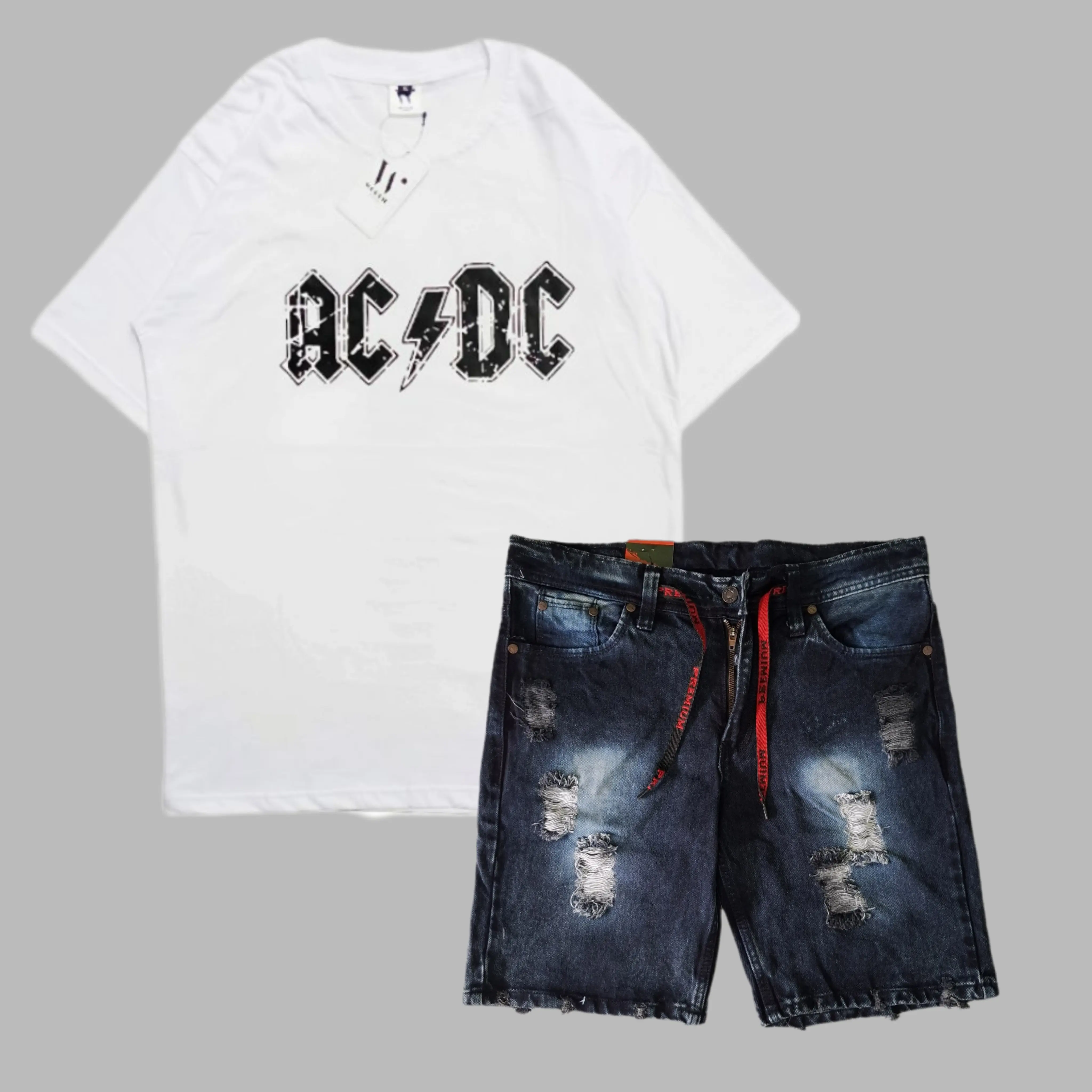 Zavian Co Setelan Jeans Pendek Sobek Ripped Dan Kaos ACDC Bahan Adem Kuat Halus untuk Gaya Santai Anda