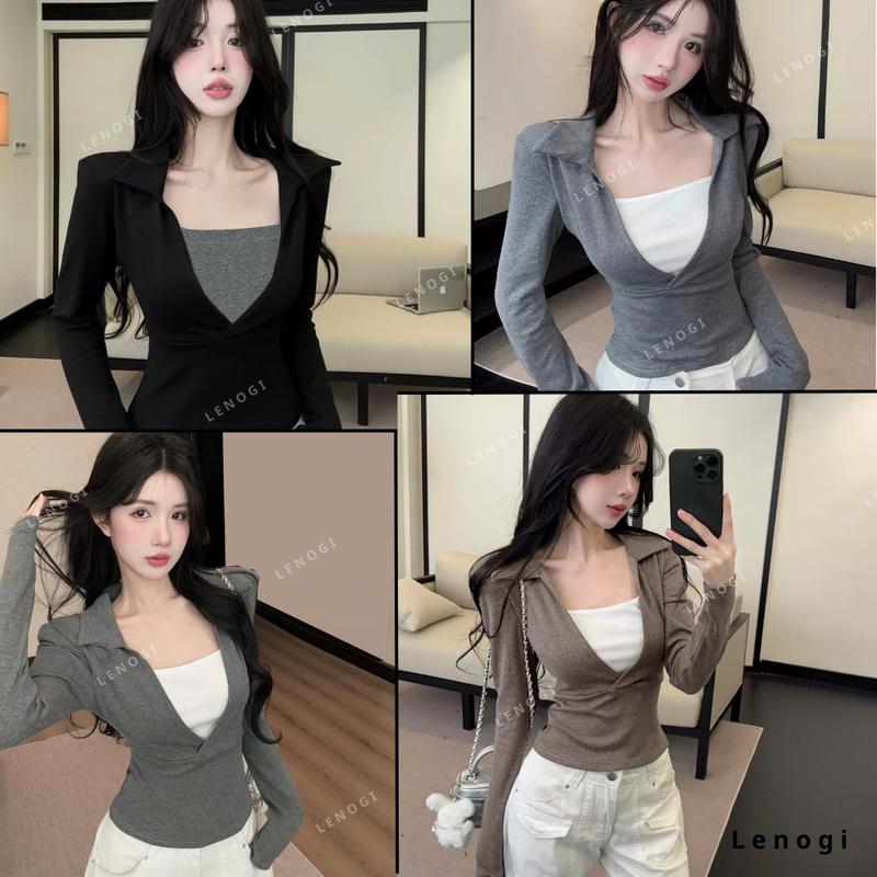 Áo thu đông nữ tăm lông thỏ vạt bầu Lenogi Áo kiểu nữ đẹp 2 lớp cổ sơ mi dễ phối đồ A48