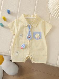 男の子・女の子用 夏の薄手チェック柄 ポケット付き マッシュルームパッチ＆ベア柄 半袖オールインワン、快適で柔らかい生地。日常使いに最適、子供の日ギフト、イースターギフト、母の日ギフト、1歳祝いギフト、バレンタインデーギフト、結婚式に。