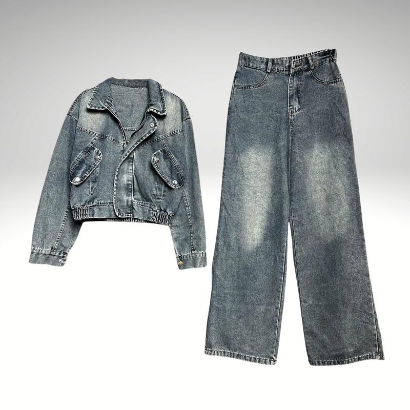  Sét Jean B190 Áo Tay Dài Khoác Quần Suông Dài Chất Liệu Janes Mền Thời Trang Bộ Nữ 2 Mầu Khói xanh  Phong Cách Trẻ 