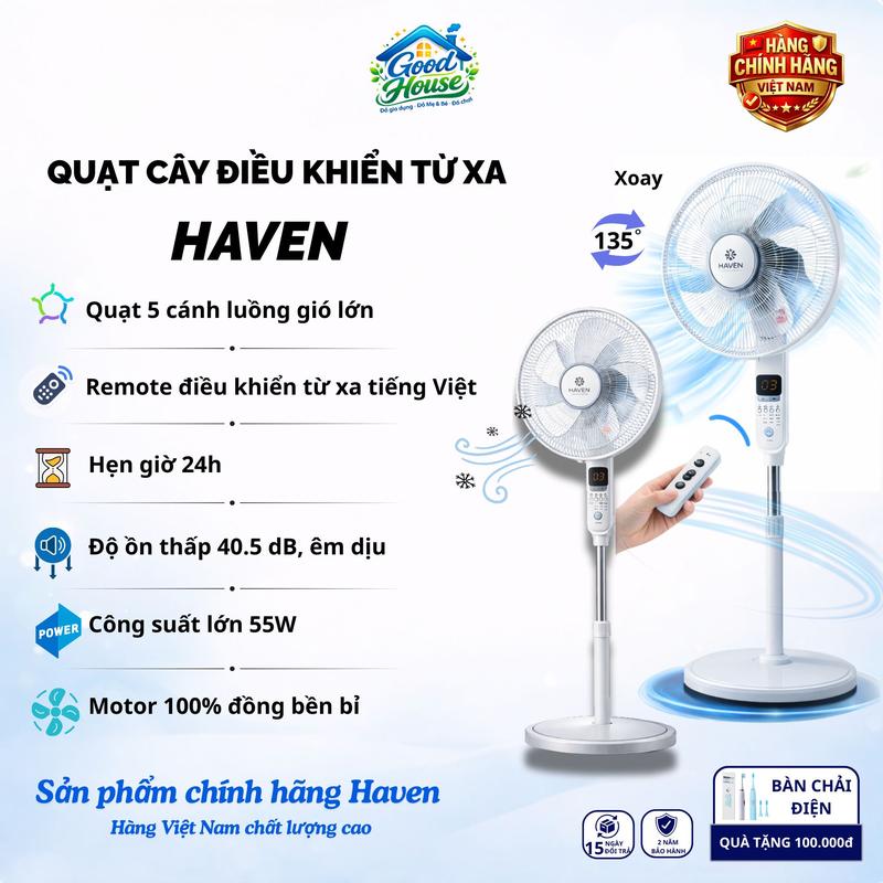 Quạt cây HAVEN công suất 55W điều khiển từ xa 5 cánh gió mạnh hẹn giờ 24h không…