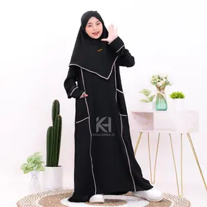 Dara Kids Ariska Set Khimar Bergo Bahan Crinkle Airflow Umur/Usia 5 6 7 8 9 10 11 12 13 Tahun Dress Gamis Abaya Anak Wanita Gamis Muslim Syari Variasi List Putih Hitam