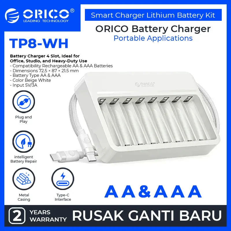 ORICO Charger Baterai AA/ AAA Rechargeable 8 Slot Smart Charger 5V/3A - TP8