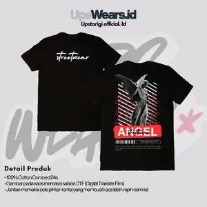 Baju Kaos Hitam Premium kualitas, Reguler Cowok & Cewek dengan Motif "Angel" Bahan 100% Cotton Combed 24s.