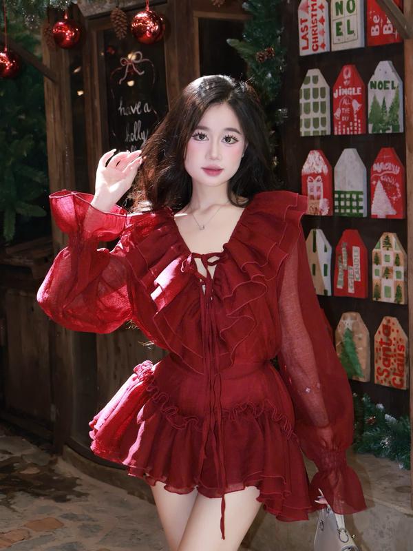  Đầm - Váy babydoll phối bèo nhún vải cao cấp phong cách tiểu thư sang chảnh D131 size S M 40-58kg 