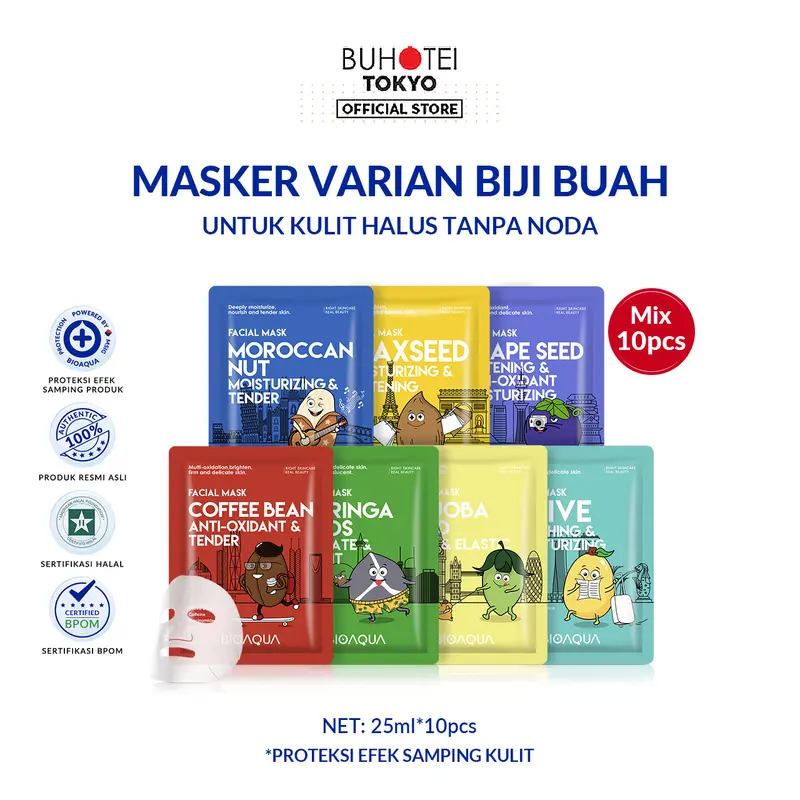 【masker 10pcs set】BIOAQUA Masker Varian Biji Buah/ Cereal Series Facial Mask/Nourishing Series Sheet Masks Pearl / Ginseng / Caviar / Bird's Nest / Black Truffle / Ganoderma Facial Mask 28ml/pcs 1