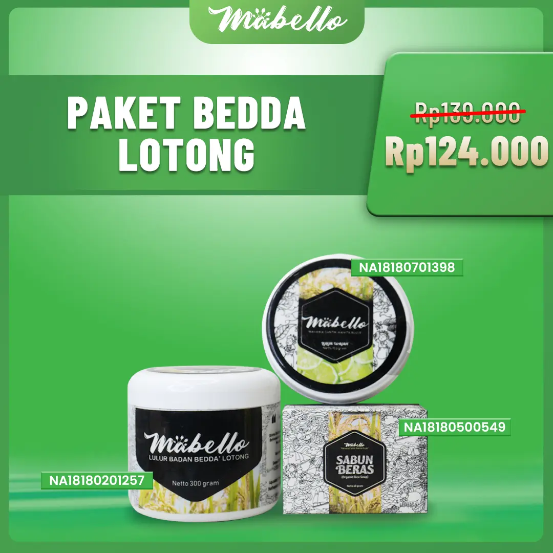 Mabello Paket Beddalotong / Sabun/Masker/ Scrub/ Mencerahkan Tubuh/ Perawatan kulit Kusam/ Melembutkan kulit/ Memudarkan bekas luka/ Lulur/ Soap Mandi/ sabun Hitam/ Minyak zaitun