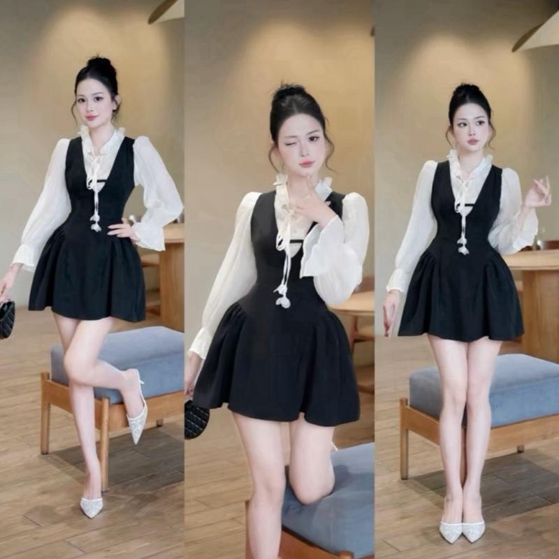 Bèo Béo Bigsize Set Thiết Kế Nữ Áo Tơ Cổ Bèo Tay Loe Cột Hoa Kèm Yếm Xinh Form Bigsize 55-95KG