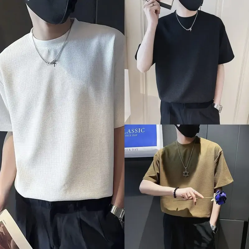 Paket Hemat 3Pcis Kaos Waffle Knit Lengan Pendek Pria - Baju Knitwear Hitam baju distro Jaket 0