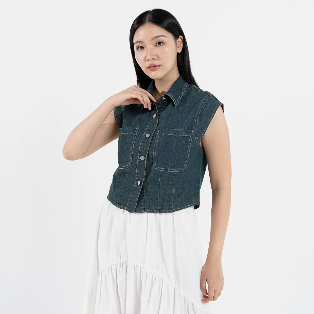This Is April Atasan Vest Jeans Wanita Tanpa Lengan Rissa Top Denim (RESTOCK)