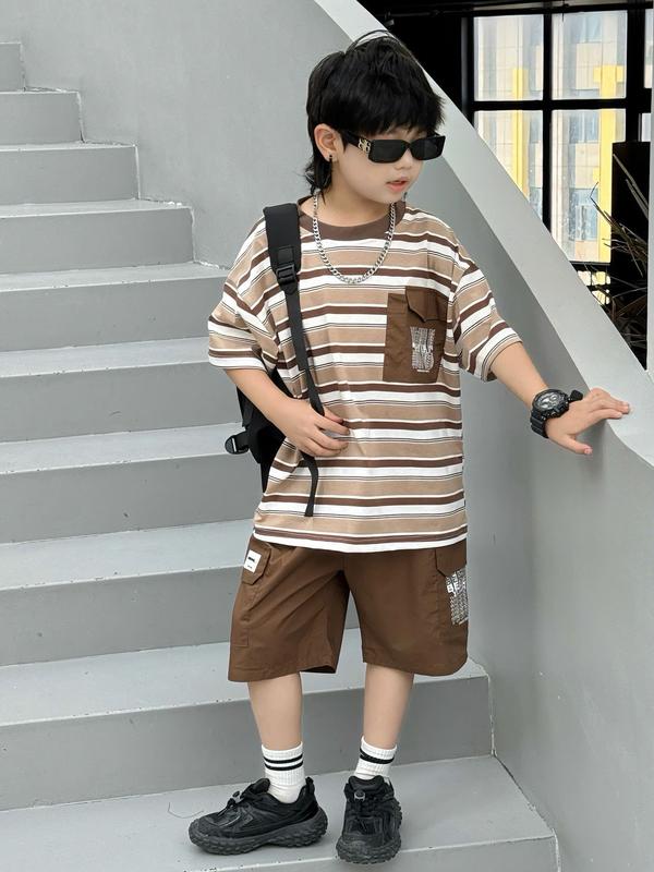 (Mon kids) 18-60kg. Bộ quần áo cộc tay kẻ chất cotton co giãn 4 chiều, quần kaki mềm mại cho bé trai 0