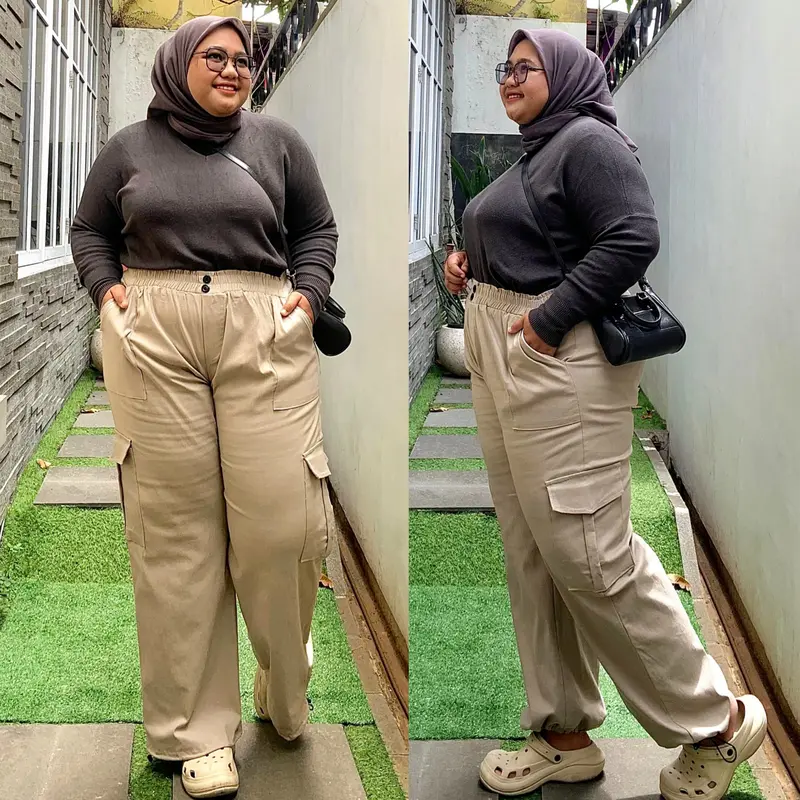 Celana Jumbo Yumi OOTD Hijab Style Jumbo LP 75 - 170 cm Pj 105 BB 70 - 150 kg an Celana Panjang Cargo Soft Jeans Stretch / Melar Tebal Pants Wanita Basic Kulot / Serut Jogger Kasual / Outdoor Denim 3