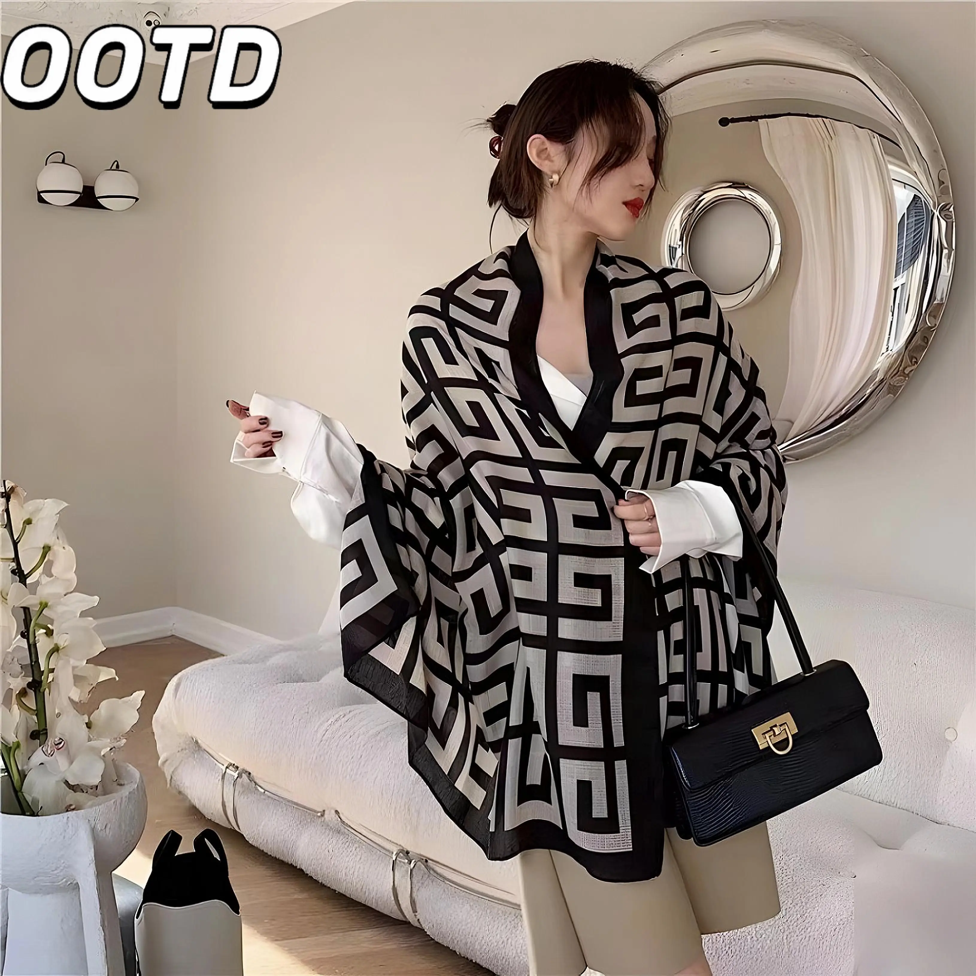 Ootd Print Thin Section Shawl For Women 190×60CM Sunscreen Breathable Versatile No Color Loss No Pilling Clothing Accessories