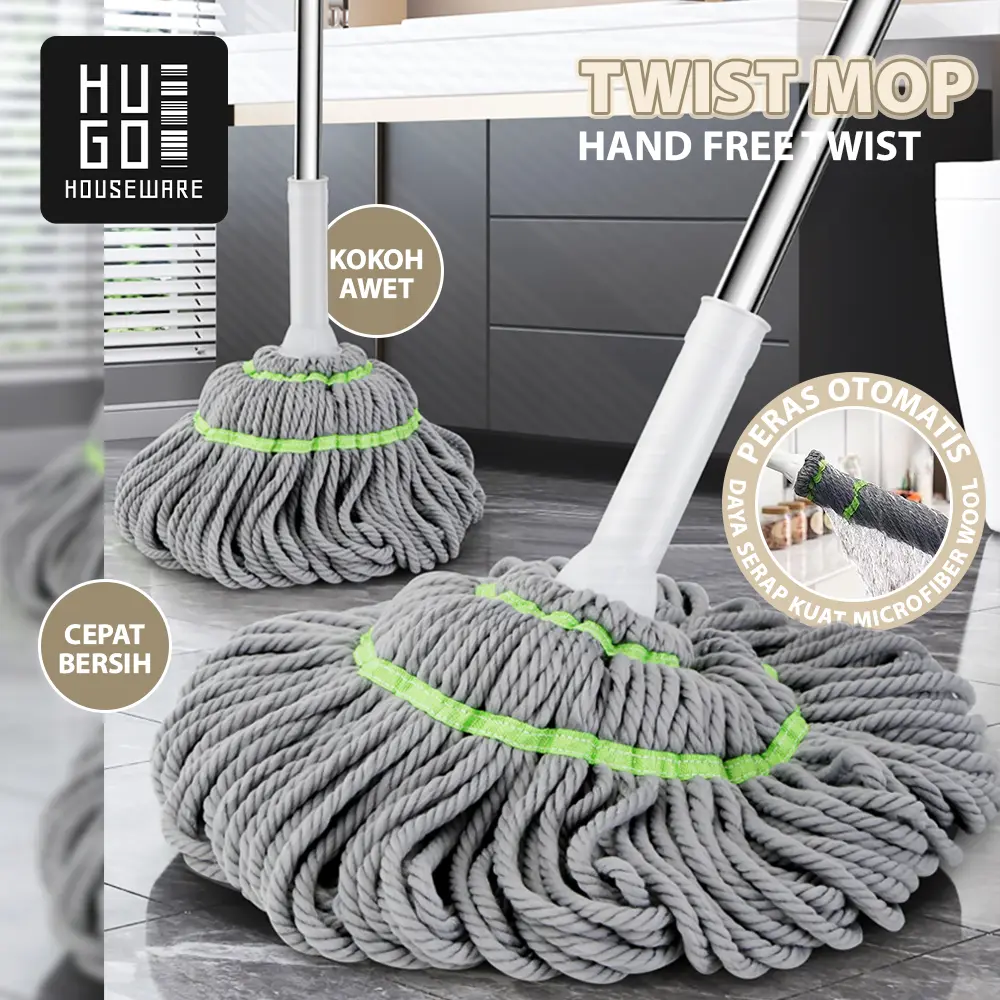 HUGO Alat Pel Lantai Peras Tarik Praktis Twist Mop - Pel Lantai Putar Praktis Otomatis Premium
