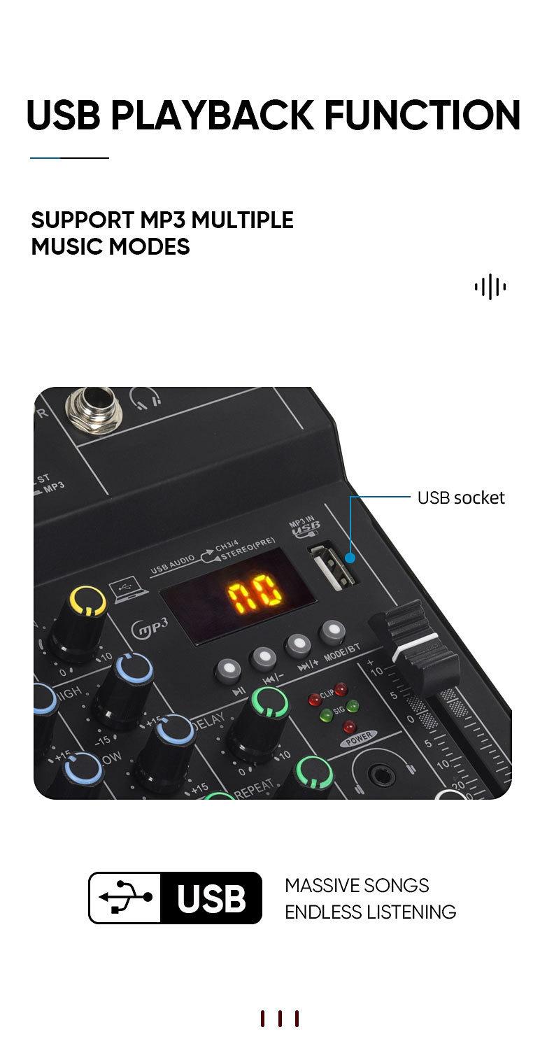 Product Introduction of LX01 4 kênh, chuyên nghiệp, nhỏ, bluetooth, máy trộn, với hiệu ứng âm vang, sử dụng tại nhà, karaoke, sân khấu, biểu diễn, đám cưới, hội nghị, bộ khuếch đại Mixer 11