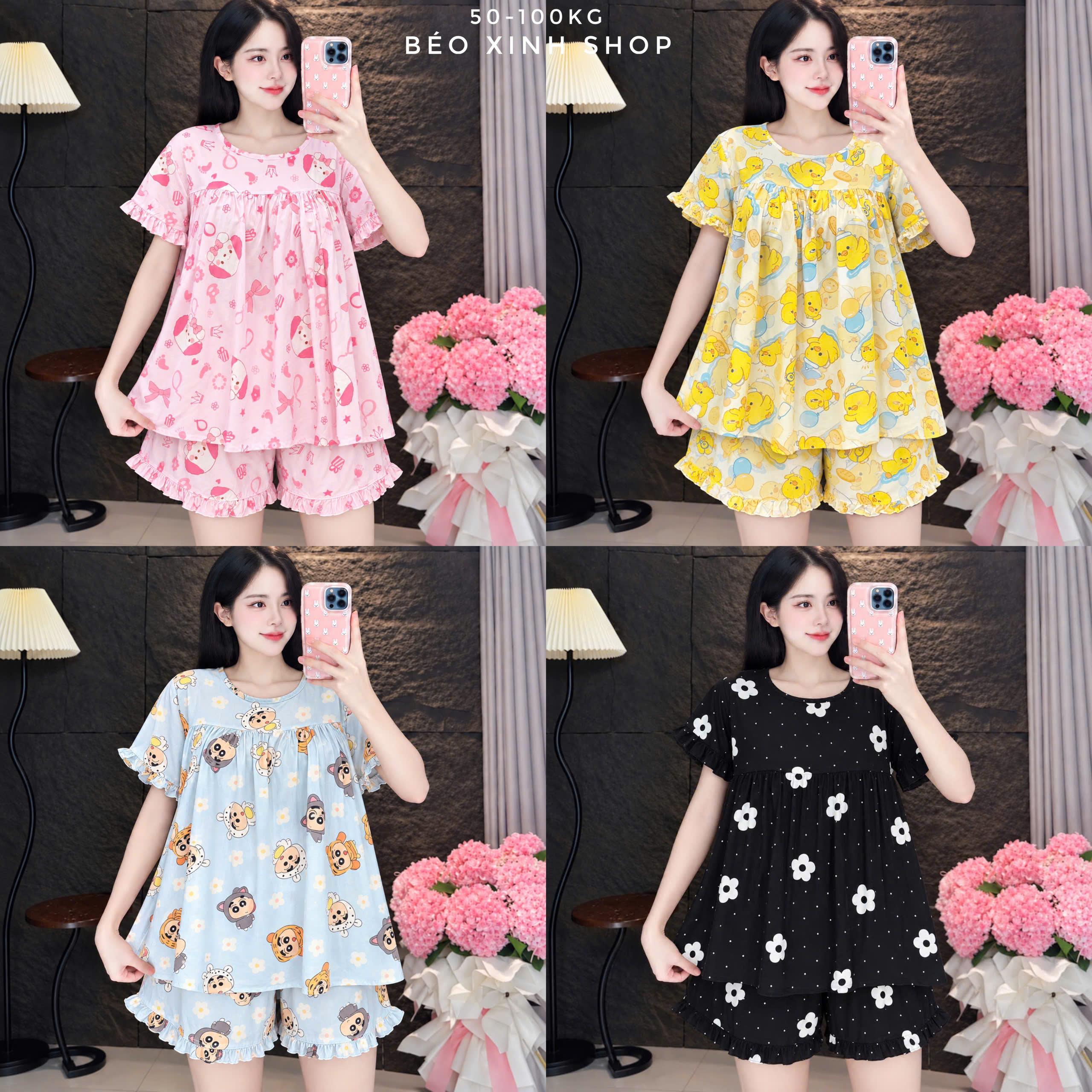 Bộ Đồ Ngủ Nữ Bigsize Tole 2 Da Loại 1 Tay Bèo Quần Short 50–100kg Pijama Bigsize 50–100kg - A.5060