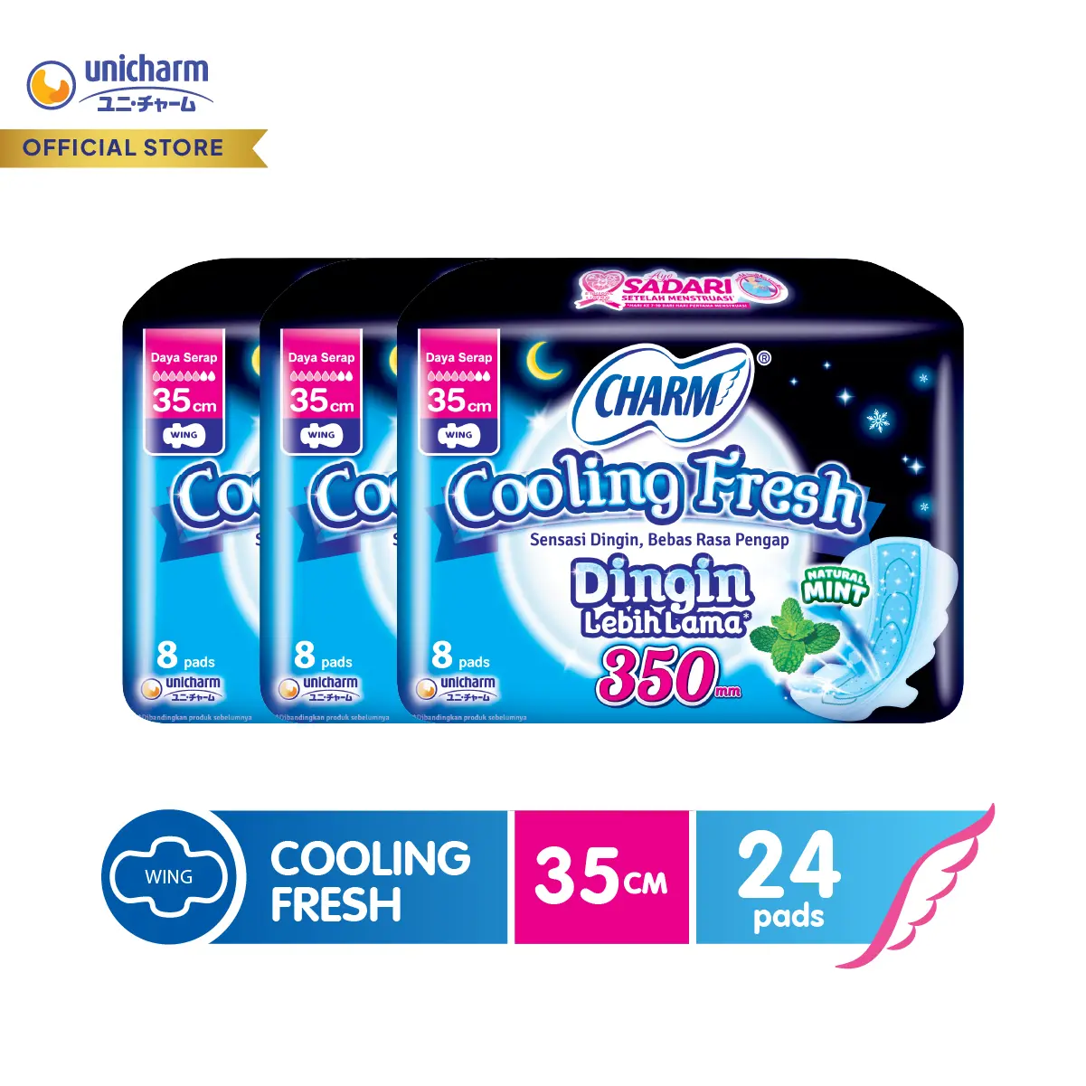Charm Pembalut Cooling Fresh Night 35cm 8 Pads - 3 Packs